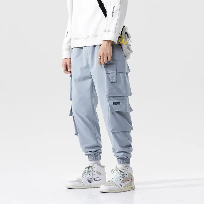 Men's Black Embroidered Cargo Pants with Multi-Pockets