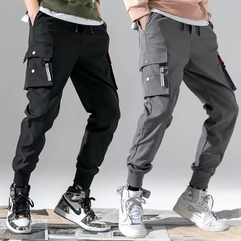 Men's Korean Style Slim Fit Cargo Pants Grey Large - Image 3