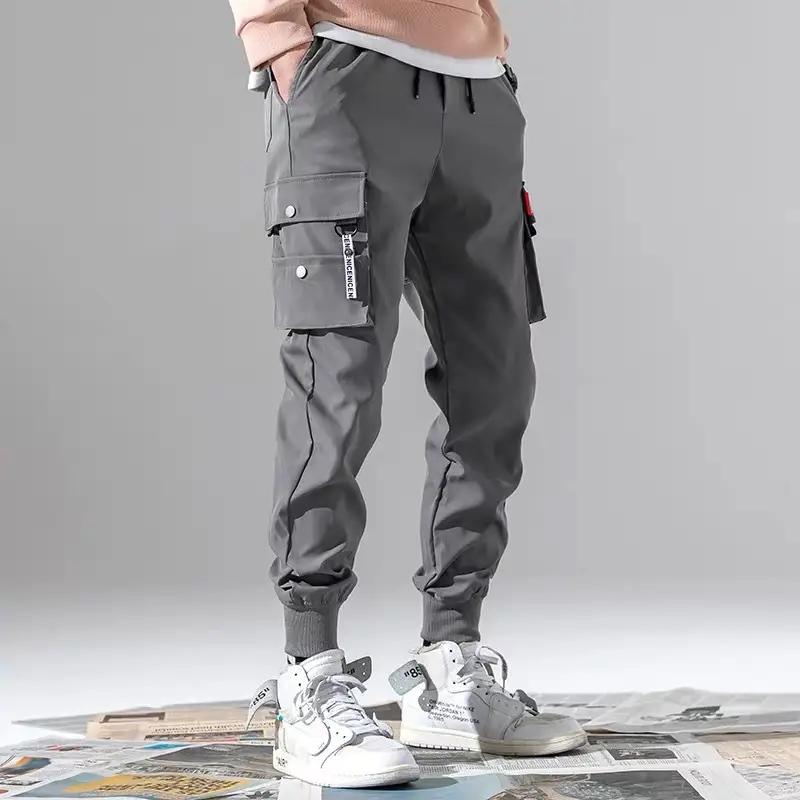 Men's Korean Style Slim Fit Cargo Pants Grey Large - Image 4