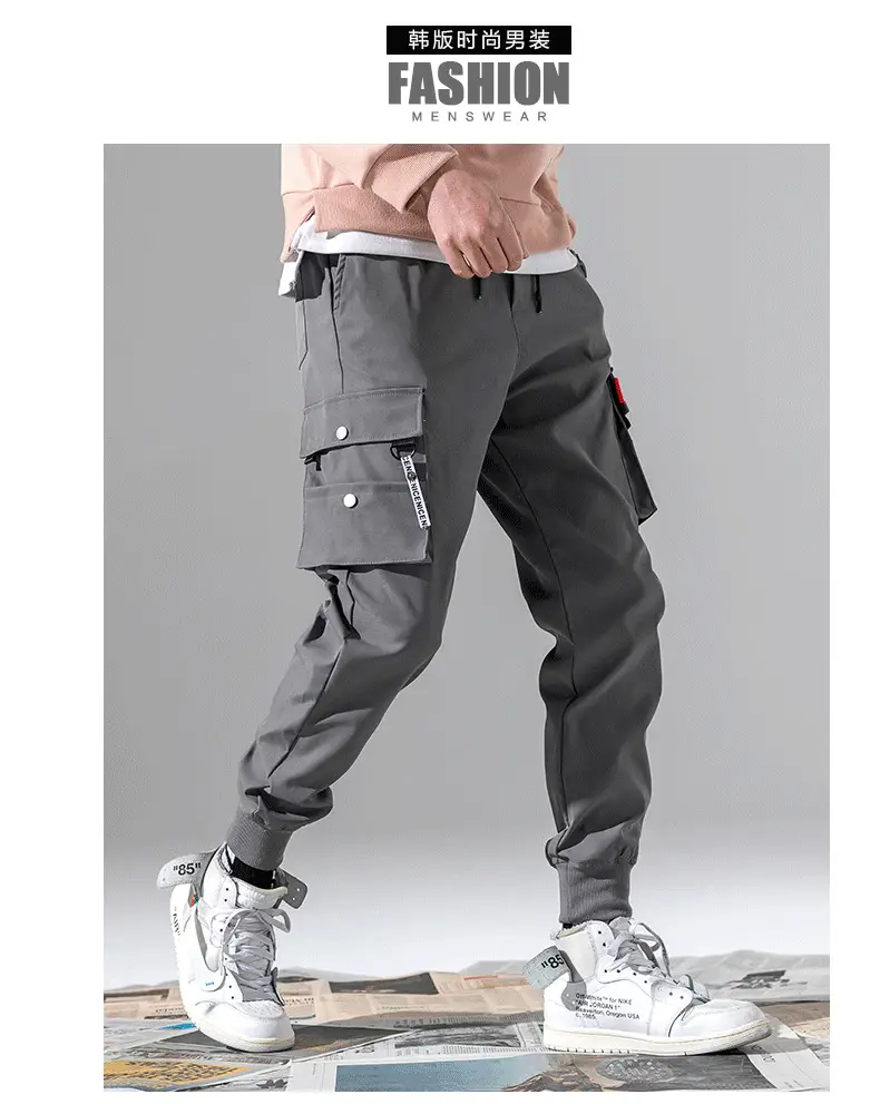 Men's Korean Style Slim Fit Cargo Pants Grey Large — feature 12