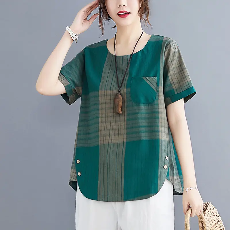 Artistic Striped Cotton Linen T-Shirt Green Loose Fit - Image 4