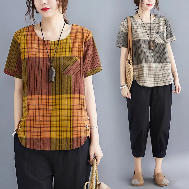 Artistic Striped Cotton Linen T-Shirt Green Loose Fit - Image 5