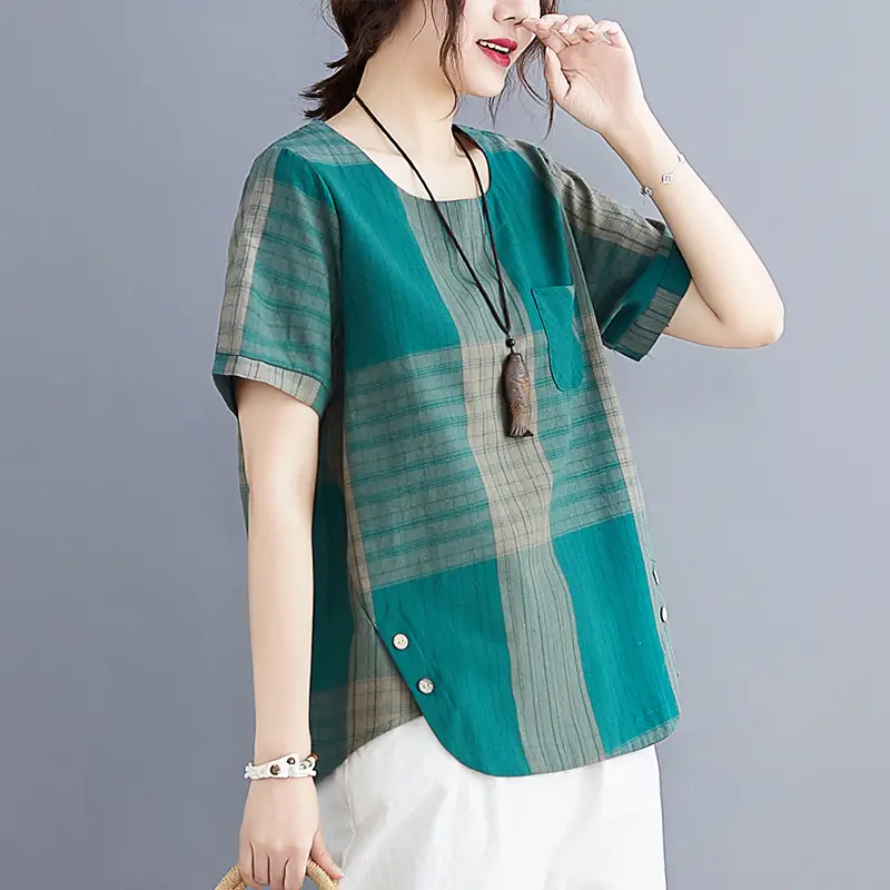 Artistic Striped Cotton Linen T-Shirt Green Loose Fit - Image 6
