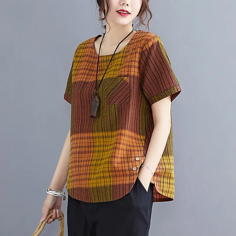 Artistic Striped Cotton Linen T-Shirt Green Loose Fit - Image 7