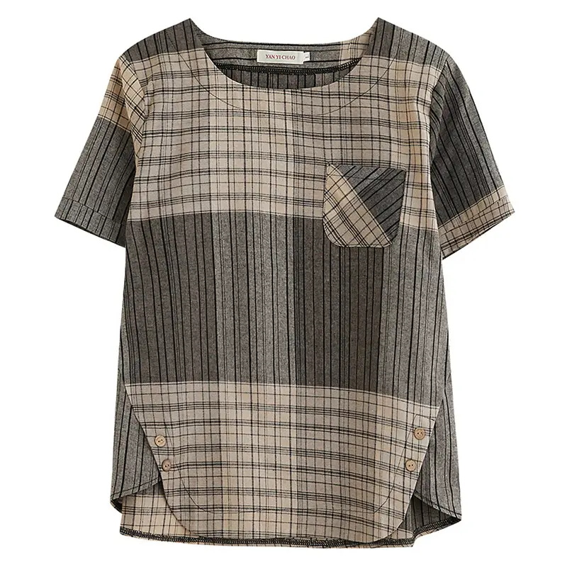 Artistic Striped Cotton Linen T-Shirt Green Loose Fit - Image 8