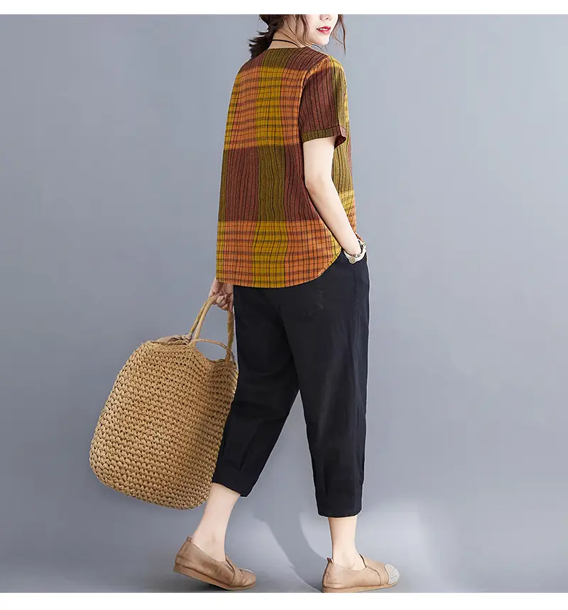 Artistic Striped Cotton Linen T-Shirt Green Loose Fit — feature 11