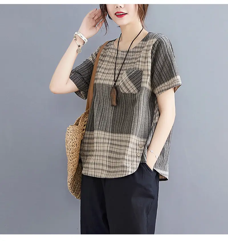 Artistic Striped Cotton Linen T-Shirt Green Loose Fit — feature 14