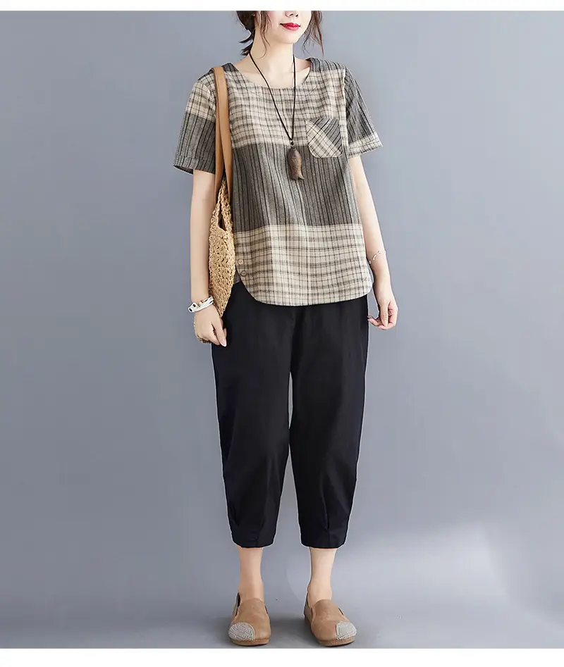 Artistic Striped Cotton Linen T-Shirt Green Loose Fit — feature 15