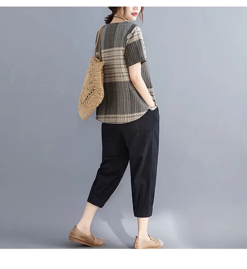 Artistic Striped Cotton Linen T-Shirt Green Loose Fit — feature 18