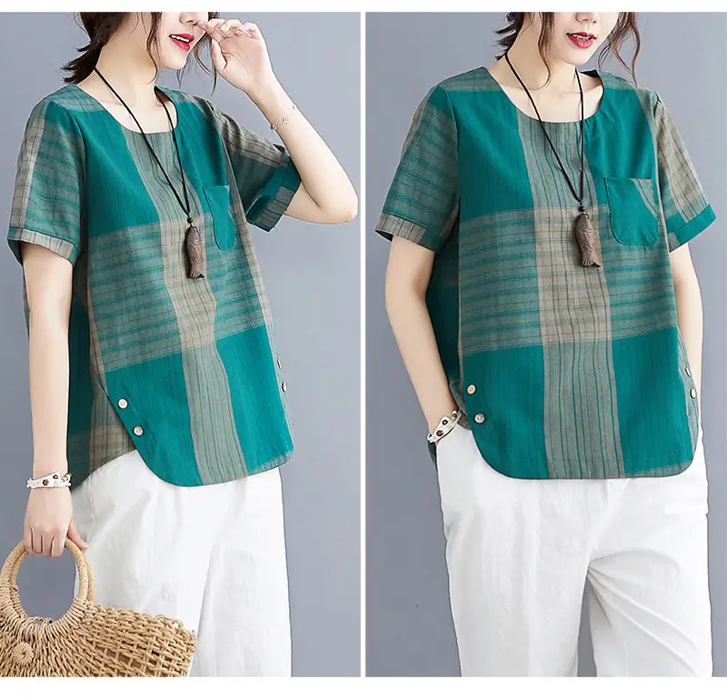 Artistic Striped Cotton Linen T-Shirt Green Loose Fit — feature 20