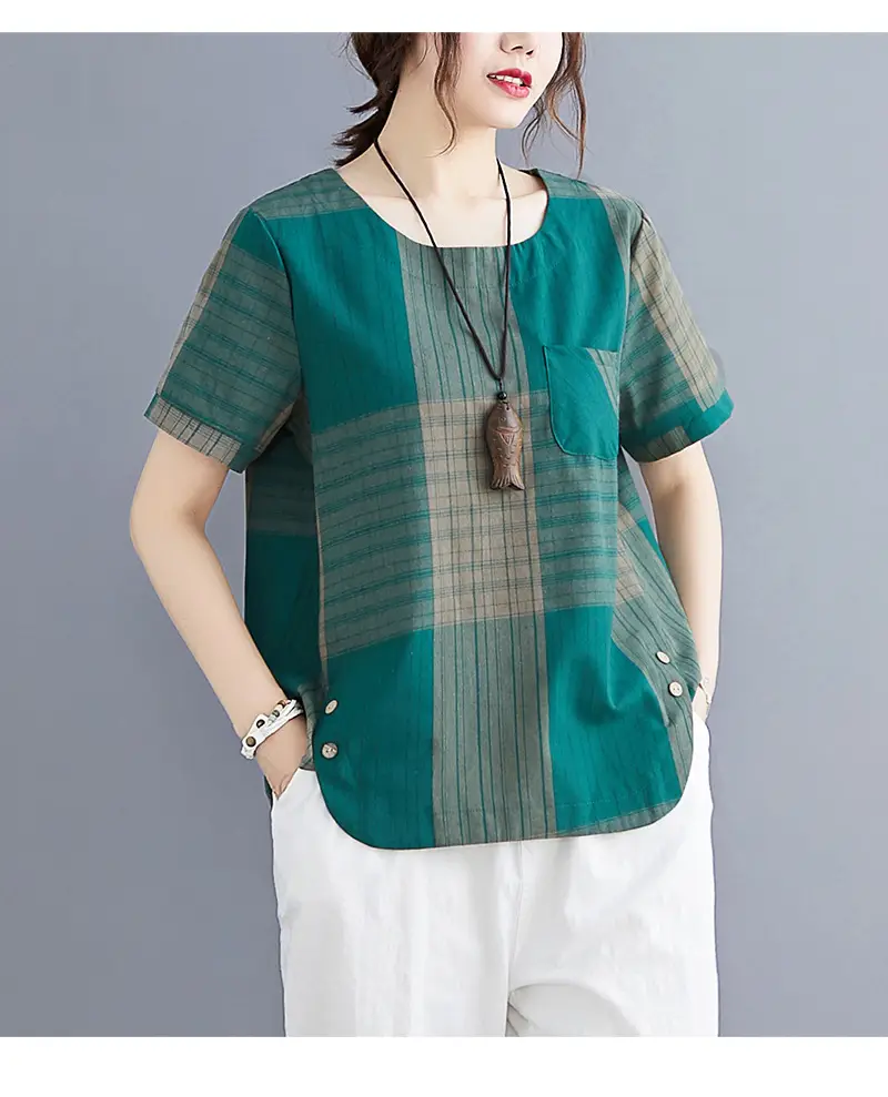 Artistic Striped Cotton Linen T-Shirt Green Loose Fit — feature 23