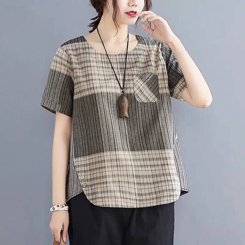 Artistic Striped Cotton Linen T-Shirt Green Loose Fit - Image 2