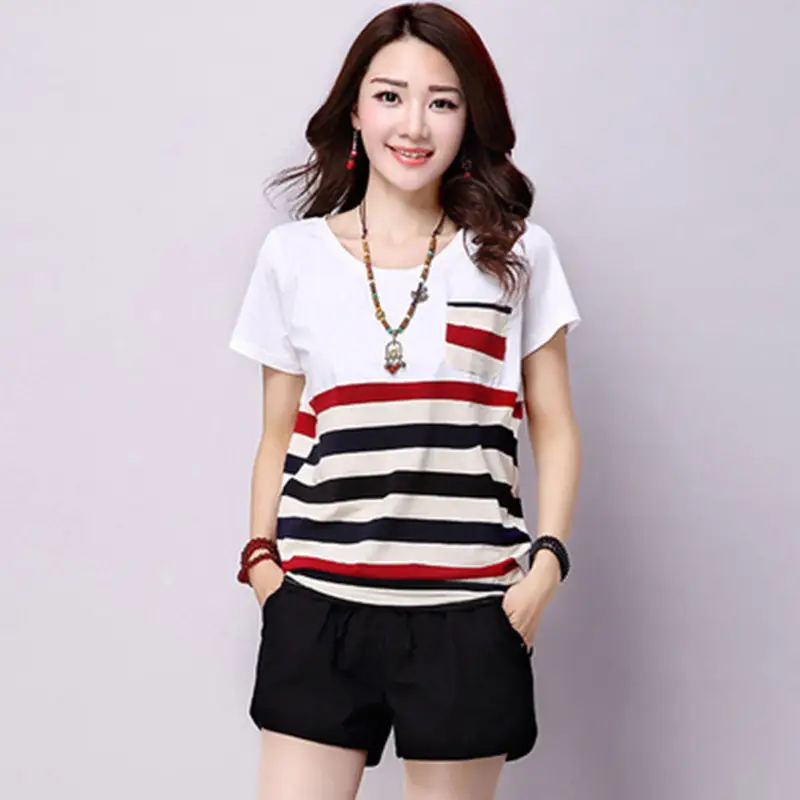 Women Loose Striped T-Shirt Summer Top Round Neck - Image 4