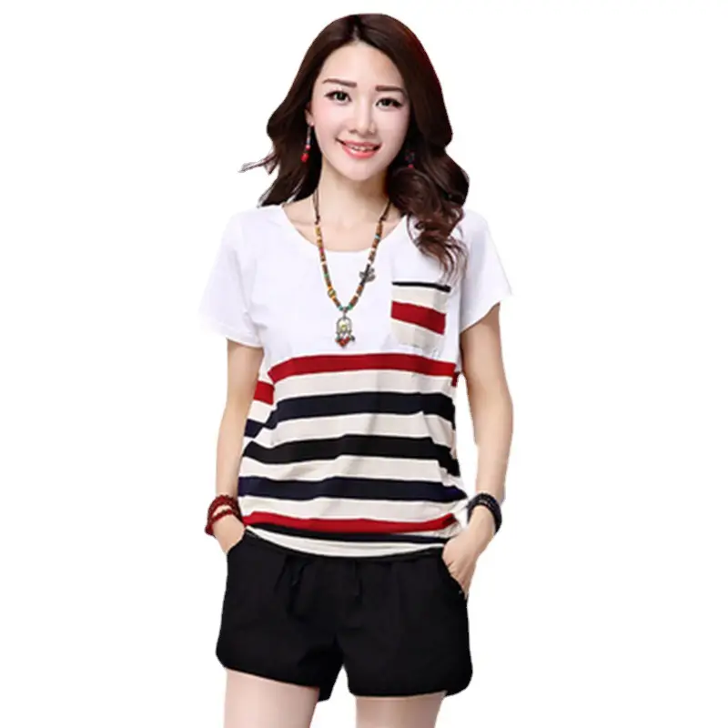 Women Loose Striped T-Shirt Summer Top Round Neck - Image 5