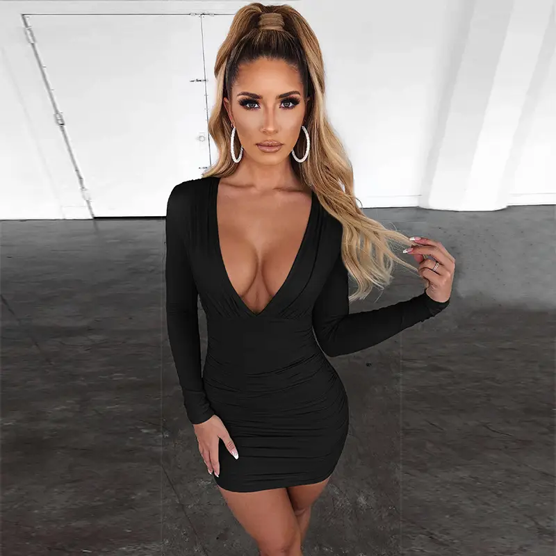 Blue Long Sleeve V-Neck Dress for Women