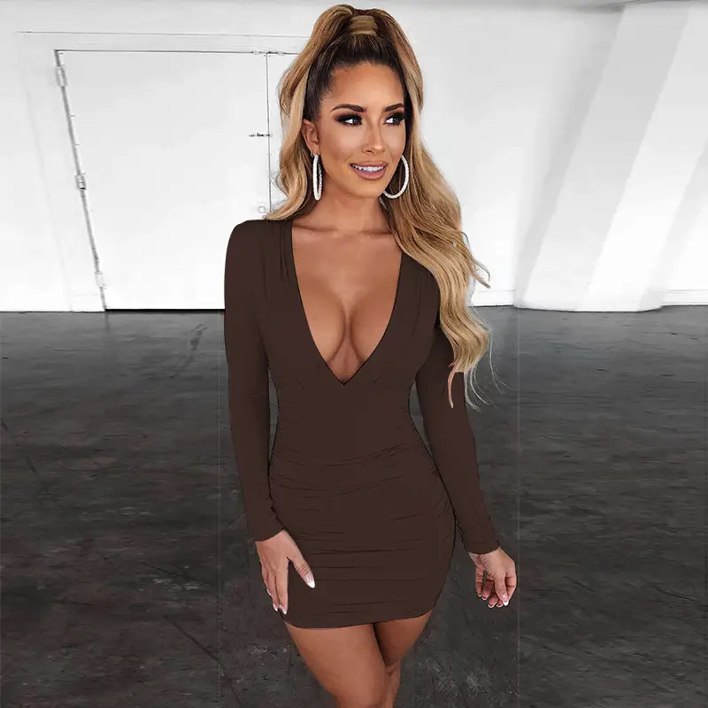 Blue Long Sleeve V-Neck Dress for Women
