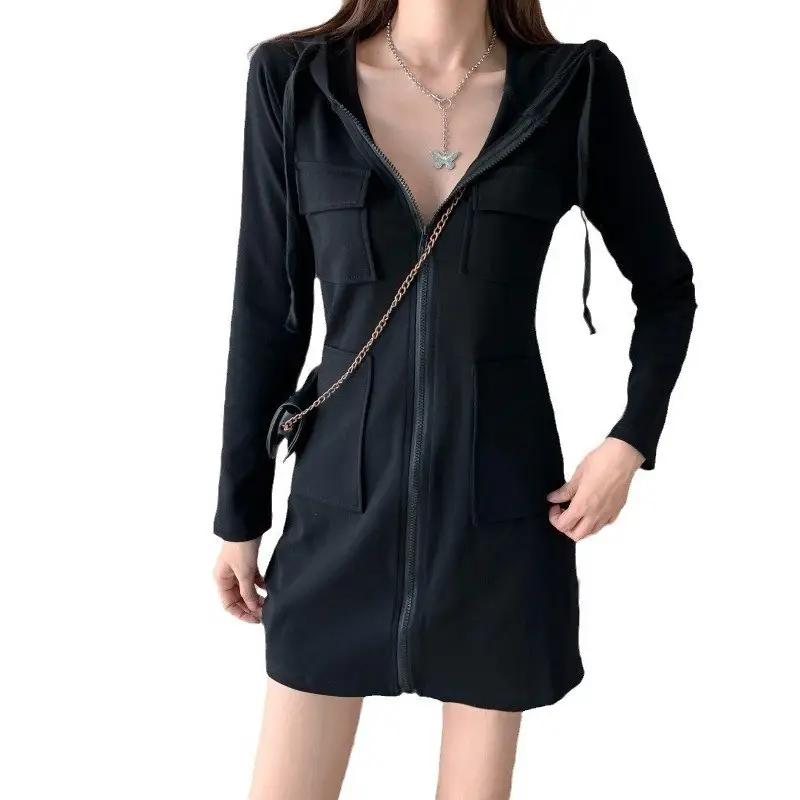 Black Hooded Zipper Cardigan Dress for Women