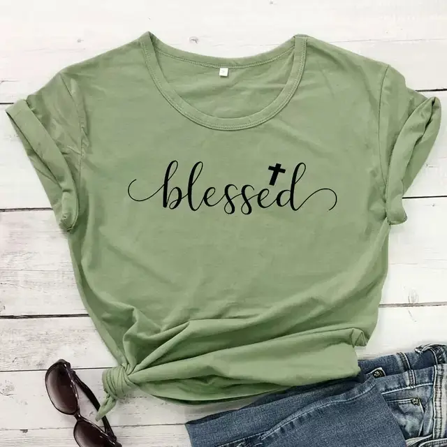Blessed Cross Print T-Shirt Green Short Sleeve - Image 4