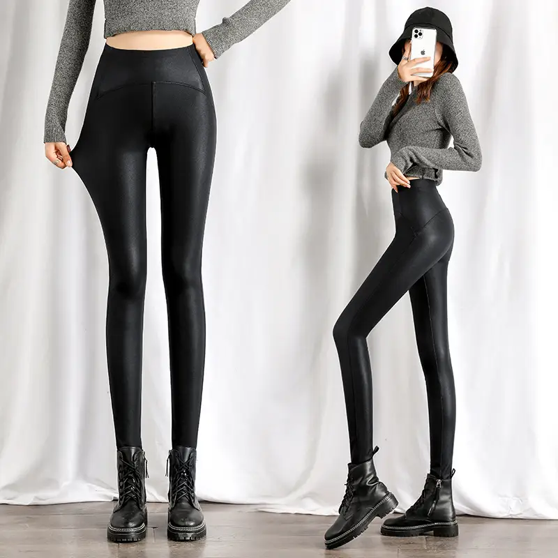 Black Velvet Slimming Leather Pants for Women - Image 3