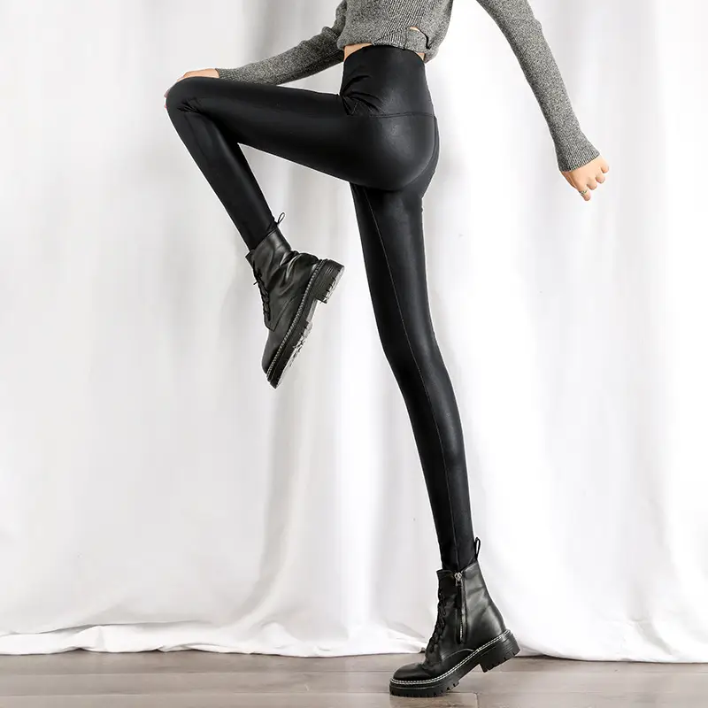 Black Velvet Slimming Leather Pants for Women - Image 5