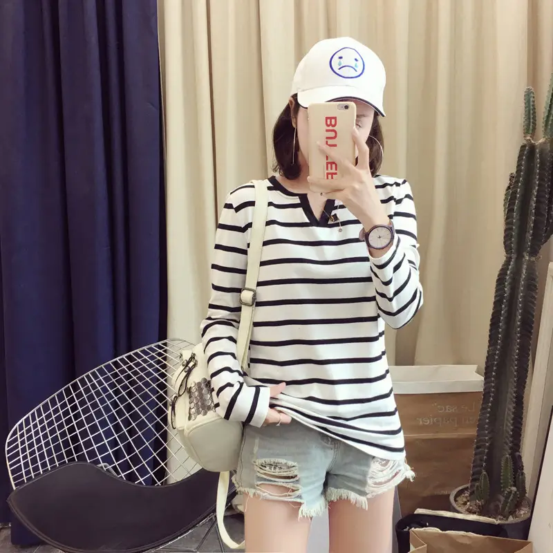 Women Striped V-Neck Long Sleeve T-Shirt Autumn 2020 - Image 4