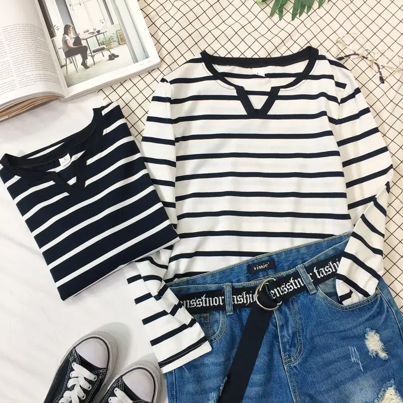 Women Striped V-Neck Long Sleeve T-Shirt Autumn 2020 - Image 5
