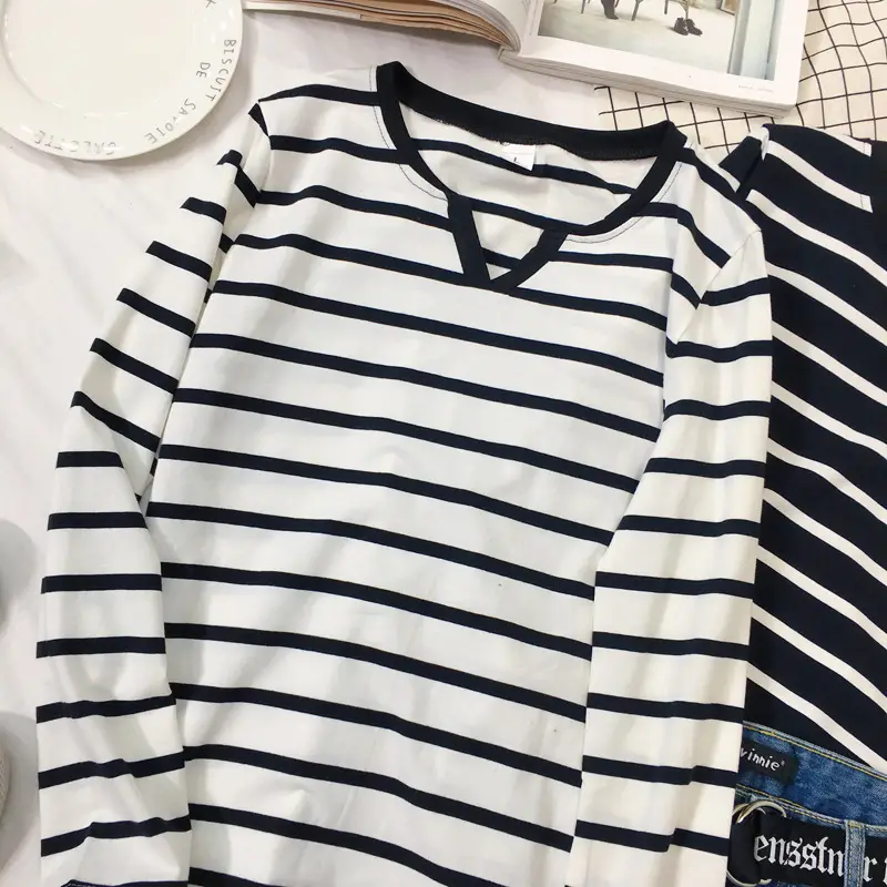 Women Striped V-Neck Long Sleeve T-Shirt Autumn 2020 — feature 12