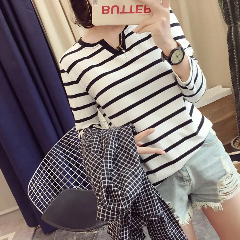 Women Striped V-Neck Long Sleeve T-Shirt Autumn 2020 — feature 2