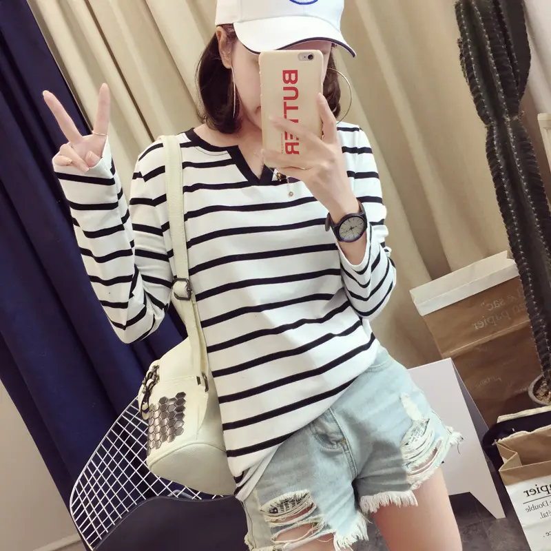 Women Striped V-Neck Long Sleeve T-Shirt Autumn 2020 — feature 4