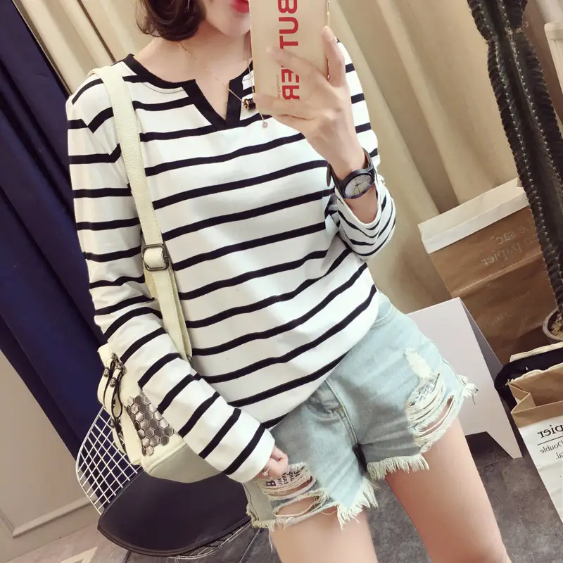 Women Striped V-Neck Long Sleeve T-Shirt Autumn 2020 — feature 5