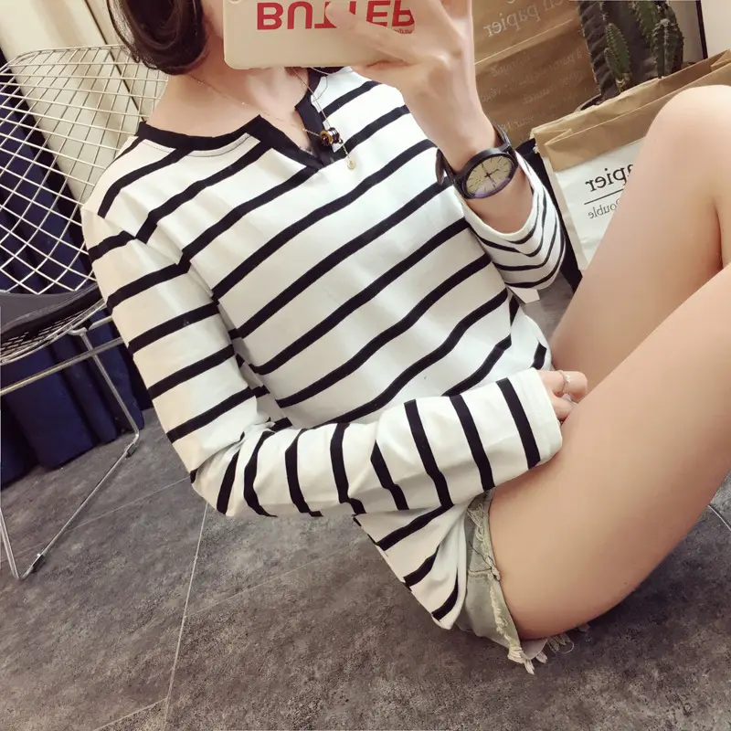Women Striped V-Neck Long Sleeve T-Shirt Autumn 2020 — feature 6