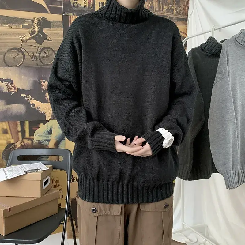 Men's Black Turtleneck Sweater Loose Thick Winter - Image 12