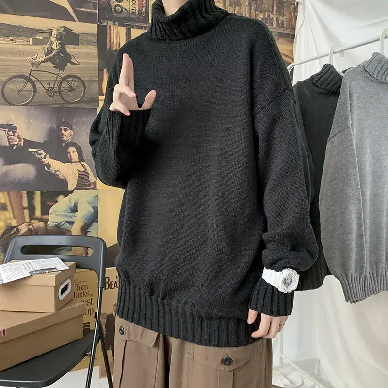 Men's Black Turtleneck Sweater Loose Thick Winter - Image 13