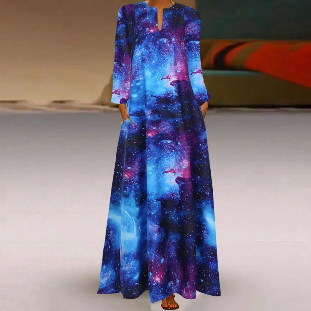 3D Starry Sky Print Long Sleeve Dress