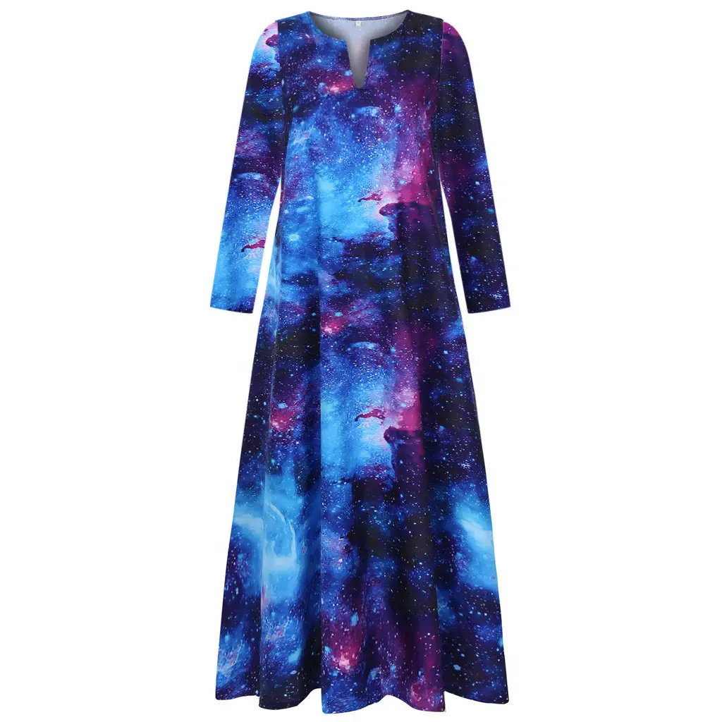 3D Starry Sky Print Long Sleeve Dress