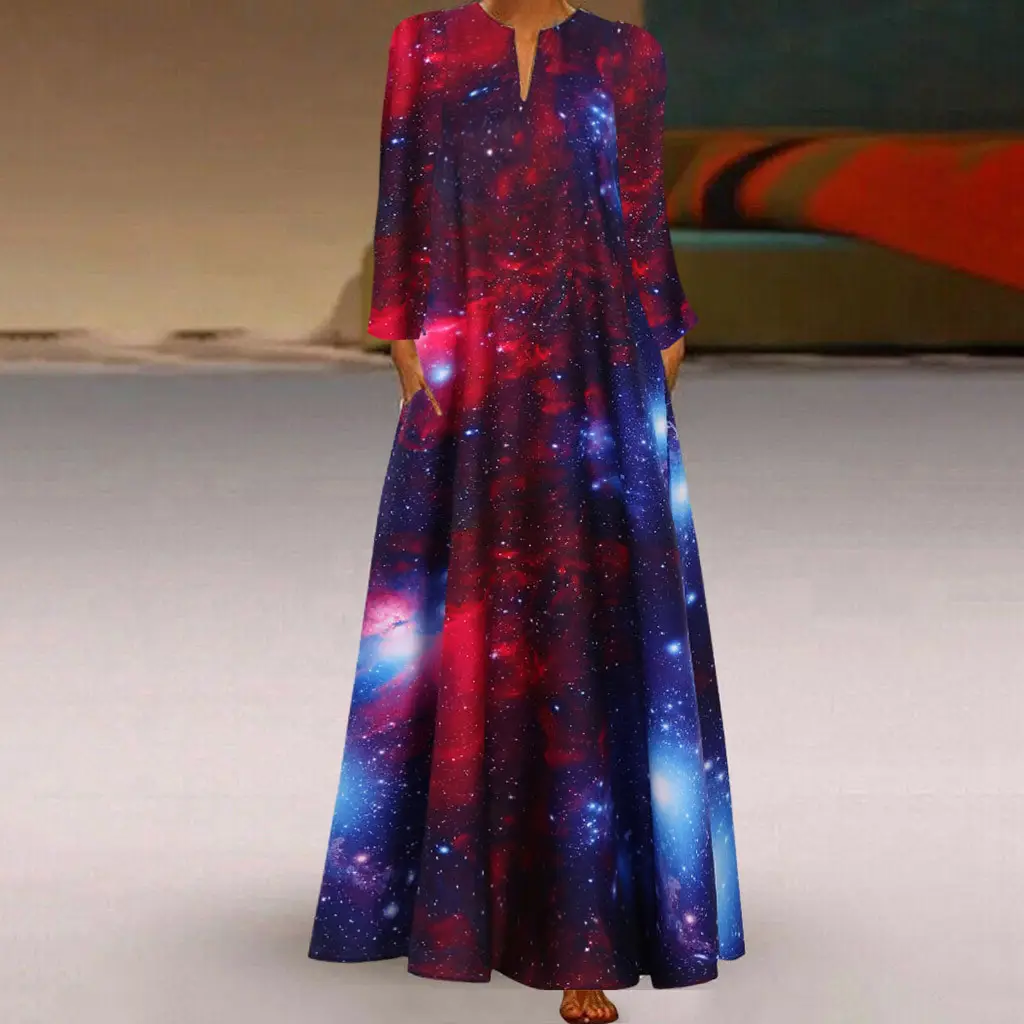 3D Starry Sky Print Long Sleeve Dress — feature 2