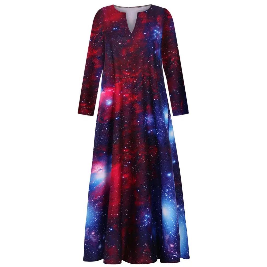 3D Starry Sky Print Long Sleeve Dress — feature 3