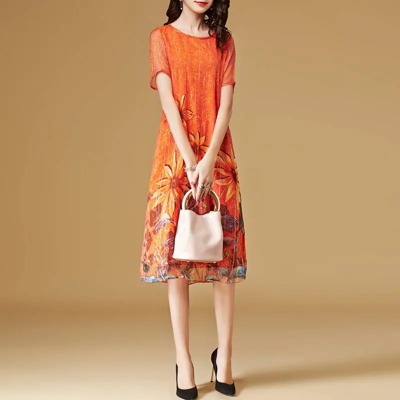Women's Orange Floral Print Mid-Length Dress