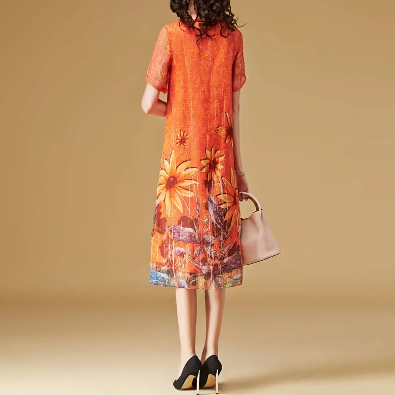 Women's Orange Floral Print Mid-Length Dress