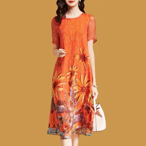 Women's Orange Floral Print Mid-Length Dress