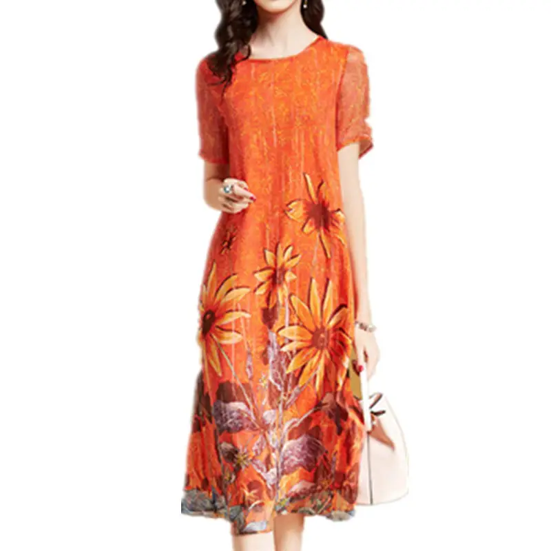 Women's Orange Floral Print Mid-Length Dress