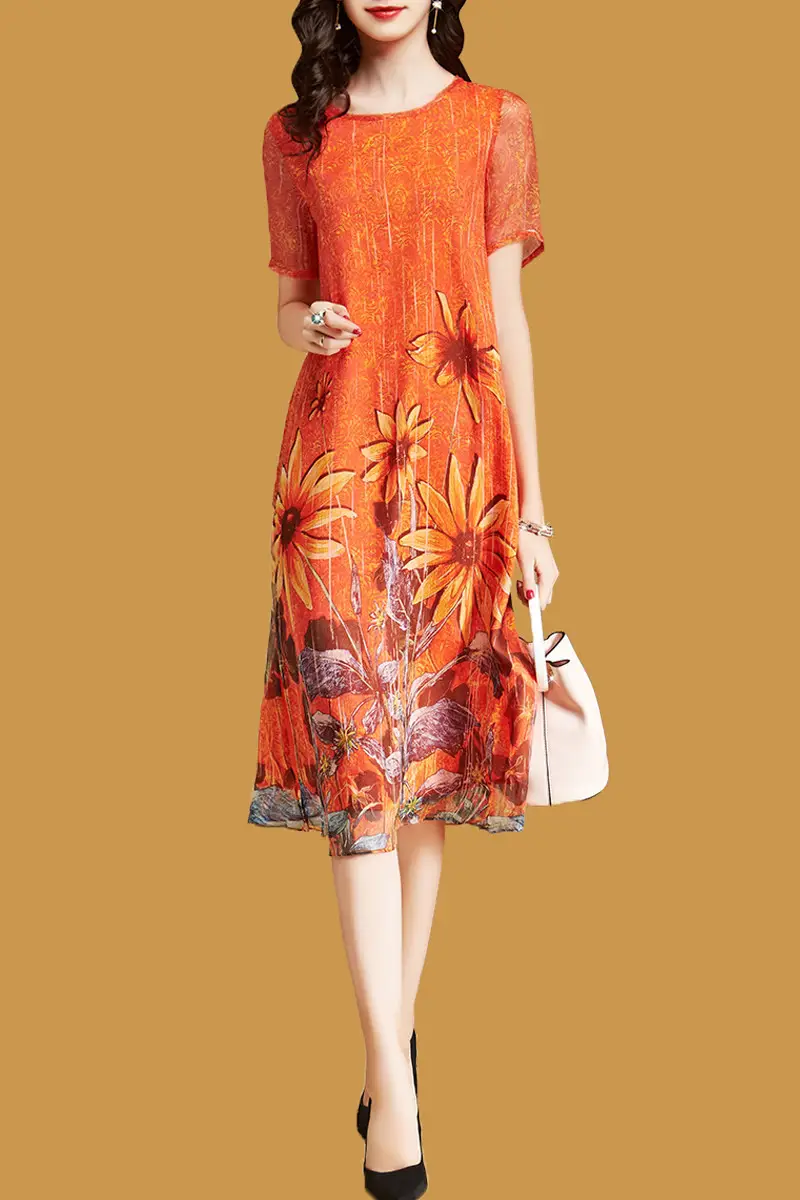 Women's Orange Floral Print Mid-Length Dress — feature 10