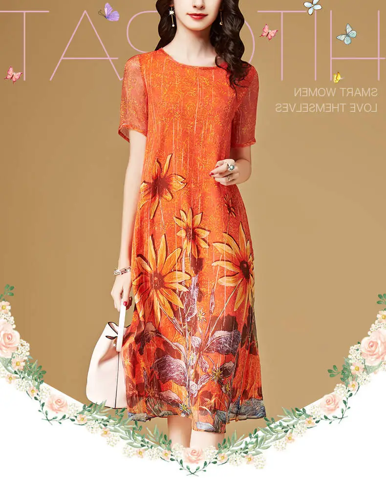 Women's Orange Floral Print Mid-Length Dress — feature 3