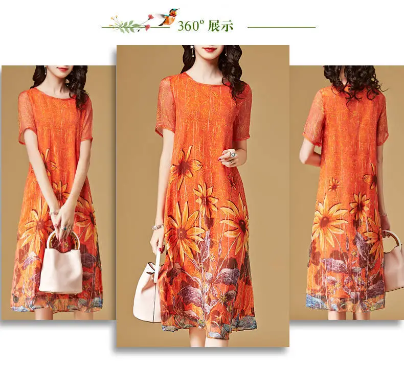 Women's Orange Floral Print Mid-Length Dress — feature 4