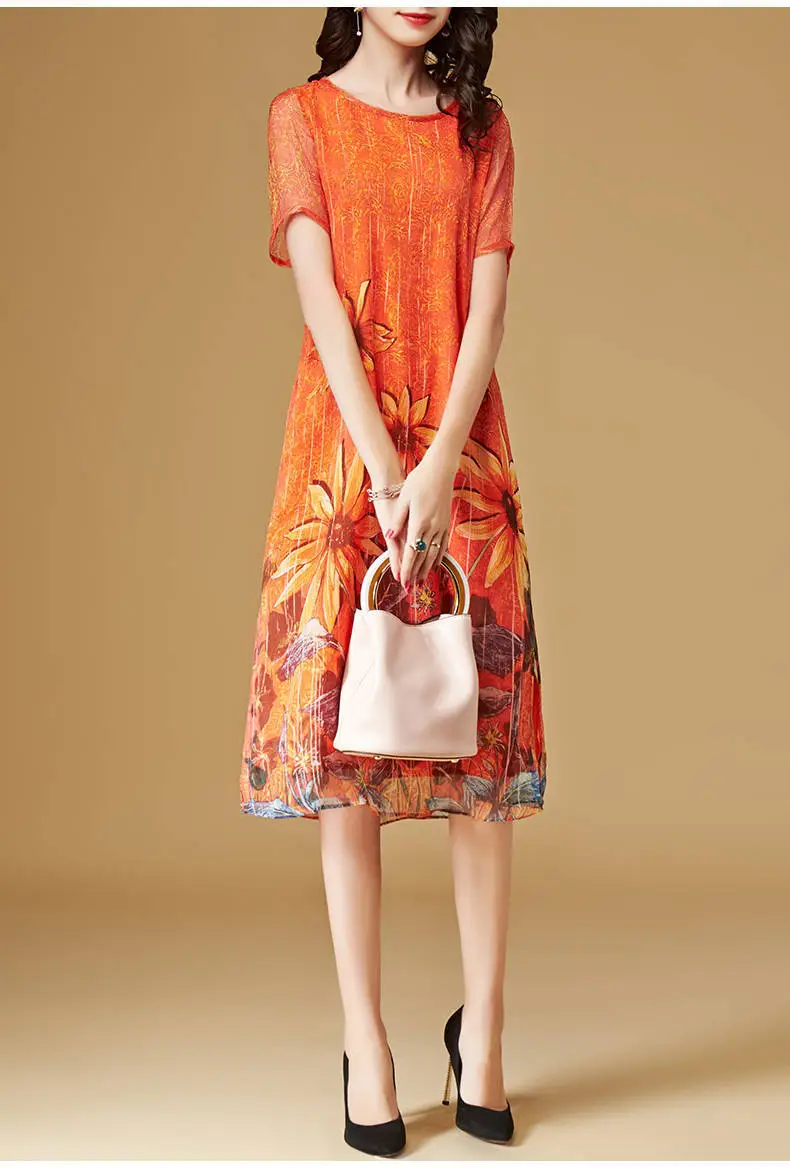 Women's Orange Floral Print Mid-Length Dress — feature 8