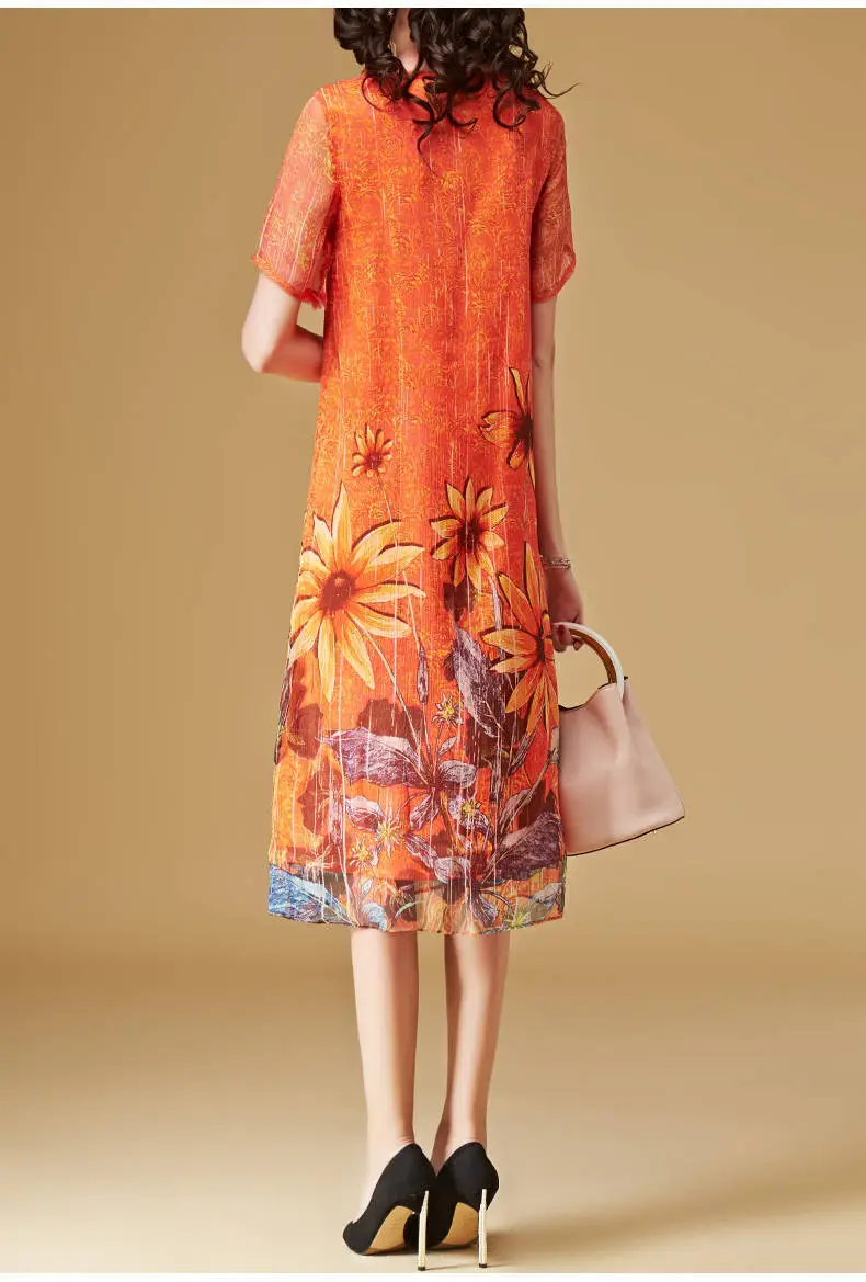 Women's Orange Floral Print Mid-Length Dress — feature 9