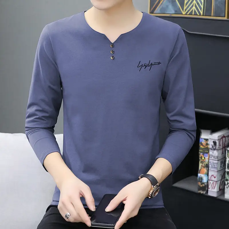 Men V-Neck Long Sleeve Grey T-Shirt Large - Image 8