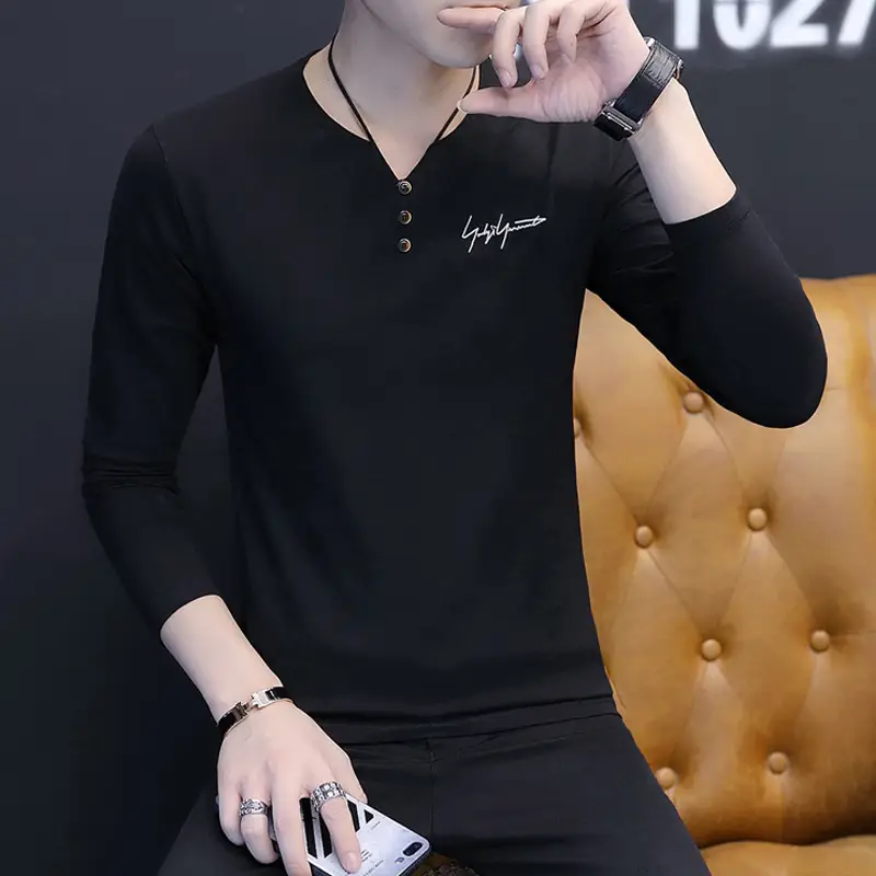 Men V-Neck Long Sleeve Grey T-Shirt Large - Image 9
