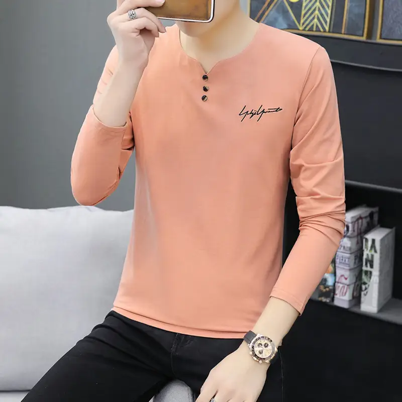 Men V-Neck Long Sleeve Grey T-Shirt Large - Image 10