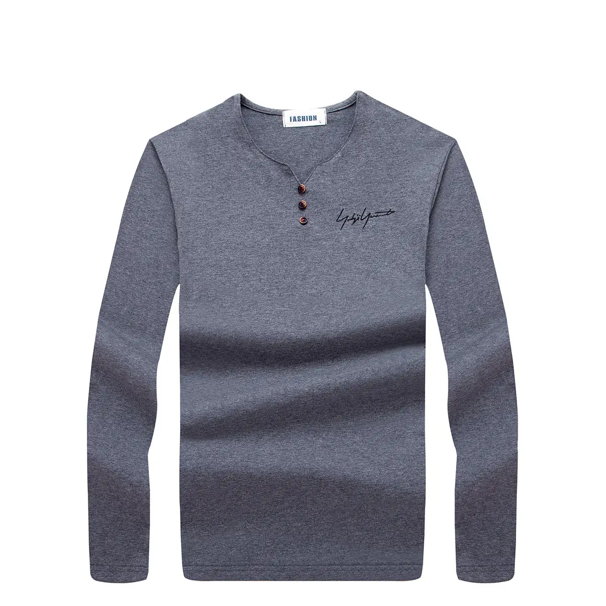 Men V-Neck Long Sleeve Grey T-Shirt Large - Image 11